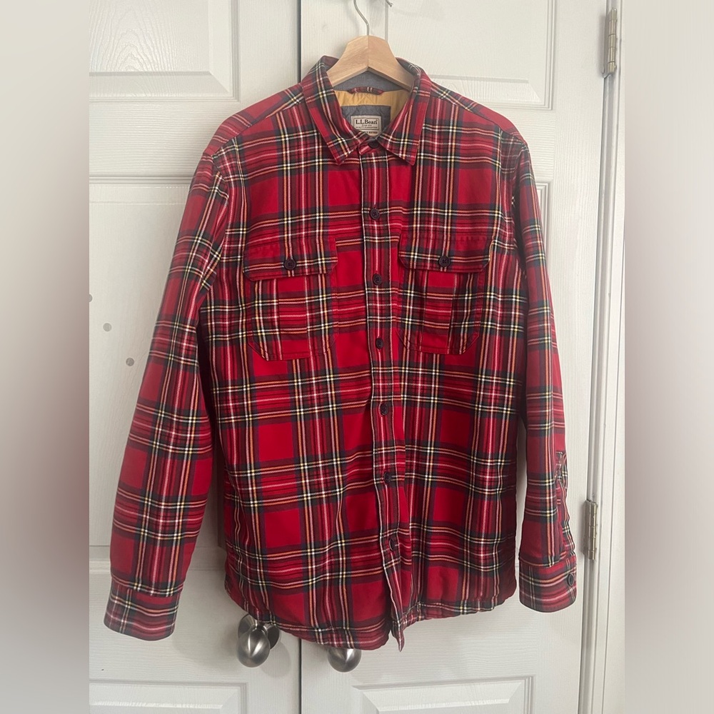 LL Bean Mens Medium Insulated Red Plaid Quilted Lined‎ Shirt Jacket